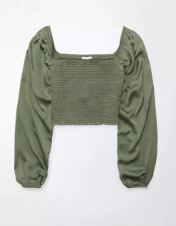 AE Smocked Satin Long-Sleeve Shirt -Aerie Fashion Shop 0358 5319 309 f
